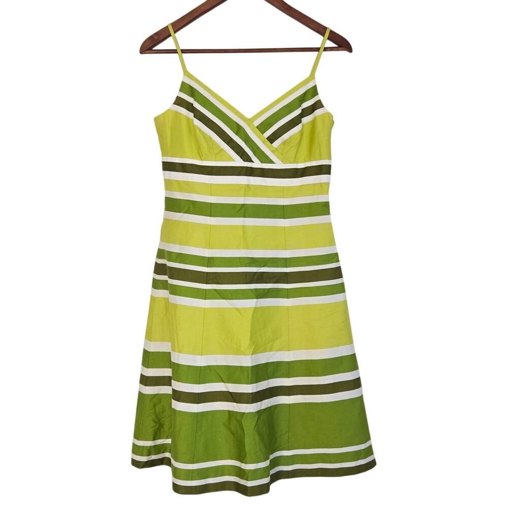 Ann Taylor Y2K Multi‑Tone Green Chevron & Stripe A‑Line Dress Grosgrain Detail 0